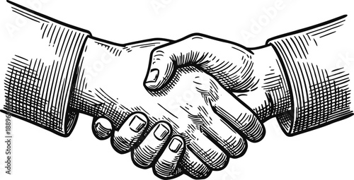 Vintage handshake illustration two hands clasped in greeting, agreement, or partnership sign retro ink drawing
