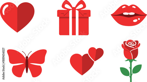 Red Valentine's Day Icons Heart Gift Butterfly Rose and Hearts red heart gift box