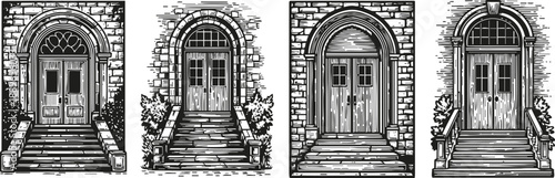 Vintage arched wooden doors with stone staircases and brick walls, classic entrance designs