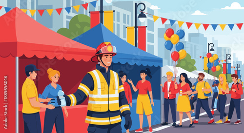 Firefighter in VR headset at a community fair.