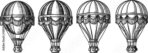 vintage hot air balloons set hand drawn black and white sketch of different balloon designs floating in air antique aerostat illustrations collection