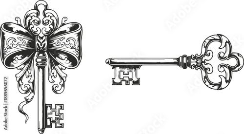 ornate vintage skeleton keys with decorative bow and intricate detailing set