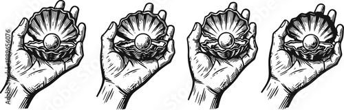 hand holding open seashell with pearl illustration set vintage engraving jewelry collection