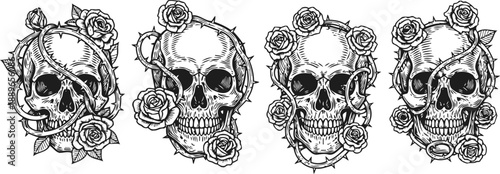Detailed skull illustrations entwined with blooming roses and thorny vines, gothic floral design set