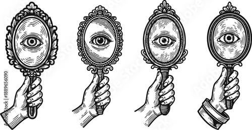 Vintage hand mirrors with single eye reflections in ornate frames, antique drawing set