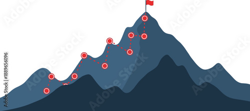 Mountain path with red dots and flag at summit, goal achievement concept, journey progression, success milestone, vector illustration
