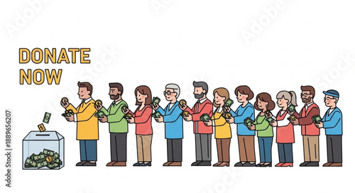 People Line Up To Donate Money To Charity Box.