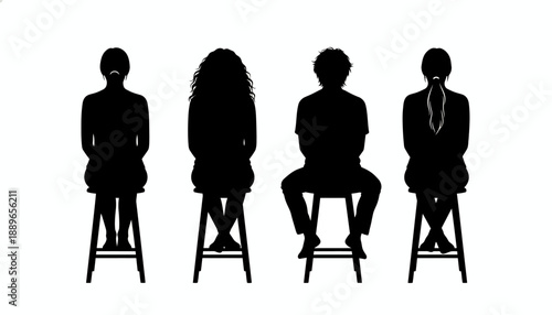 Four people sitting on stools in a row from behind in illustration