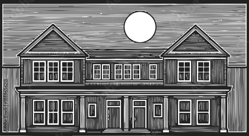 Classic duplex house exterior illustration with symmetrical windows and doors under full moon night