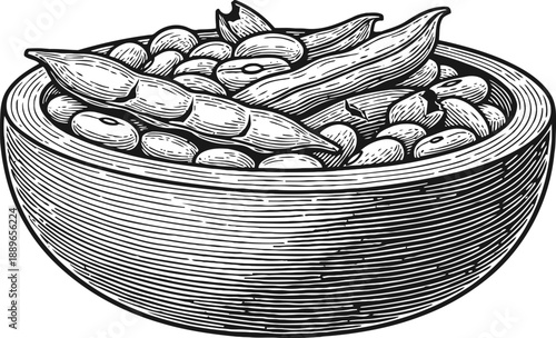 Woodcut bowl filled with various beans and pods, detailed vintage illustration of legumes