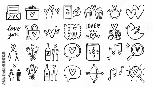 Collection of love-themed icons and symbols on white background