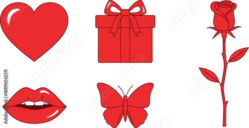 Red Valentine's Day Icons Heart Gift Rose Lips Butterfly red heart gift box