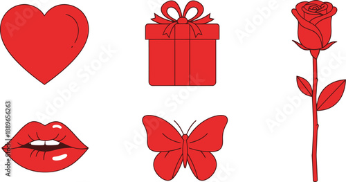 Red Valentine's Day Icons Heart Gift Rose Lips Butterfly red heart gift box