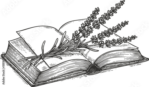 Open book with lavender bouquet resting on pages vintage sketch of floral and literature concept