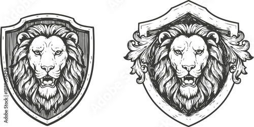Vintage lion head emblem design on ornate shield, detailed black and white heraldic illustration
