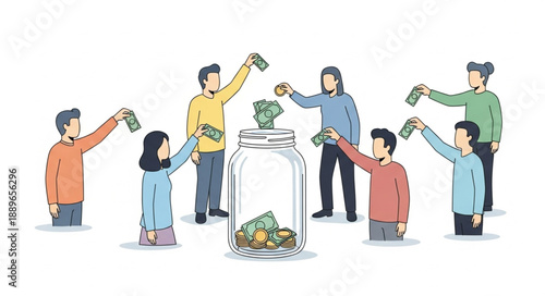 People Contribute Money To Glass Jar For Charity.