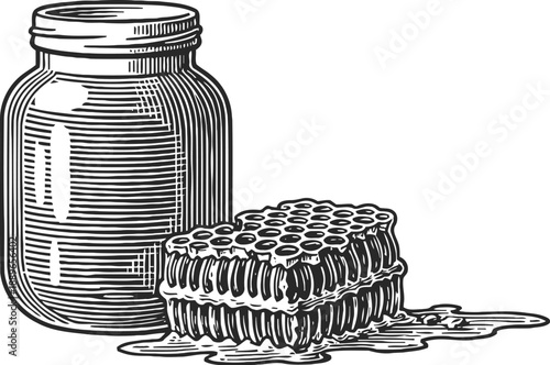 Jar of honey with dripping honeycomb natural sweetener and bee product illustration