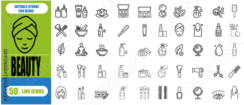 Beauty line icon set. Editable stroke. Vector illustration