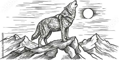 Howling wolf standing on rocky mountain peak with full moon and mountain range background