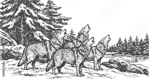 Four wolves howling together in a snowy forest landscape with pine trees and rocks