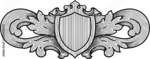 Ornate vintage decorative emblem with blank shield and floral scrollwork design