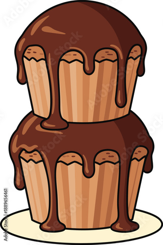 Stacked Chocolate Drizzled Cupcakes with Creamy Topping on a Plate (390