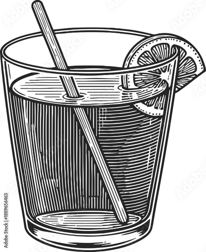 Hand drawn vintage illustration of a glass with a drink, straw, and lemon slice garnish