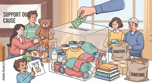 People Donate Items and Money to Support a Cause.