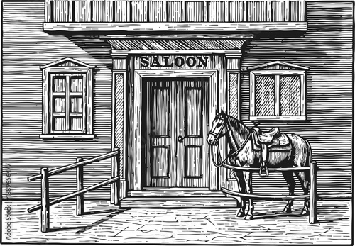 Western saloon entrance with saddled horse tied to wooden rail in old town street scene
