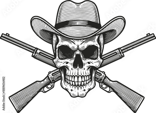 Cowboy skull with crossed rifles vintage outlaw western skull illustration wild west danger symbol with hat