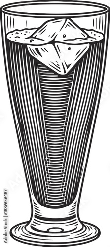 Tall glass with an ice cube inside filled with liquid, classic hand drawn beverage illustration