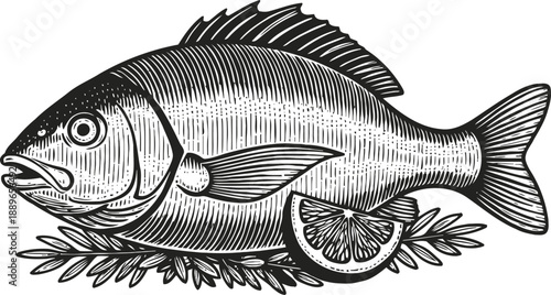 Detailed vintage illustration of a whole fish with lemon slices and herbs, engraved seafood drawing