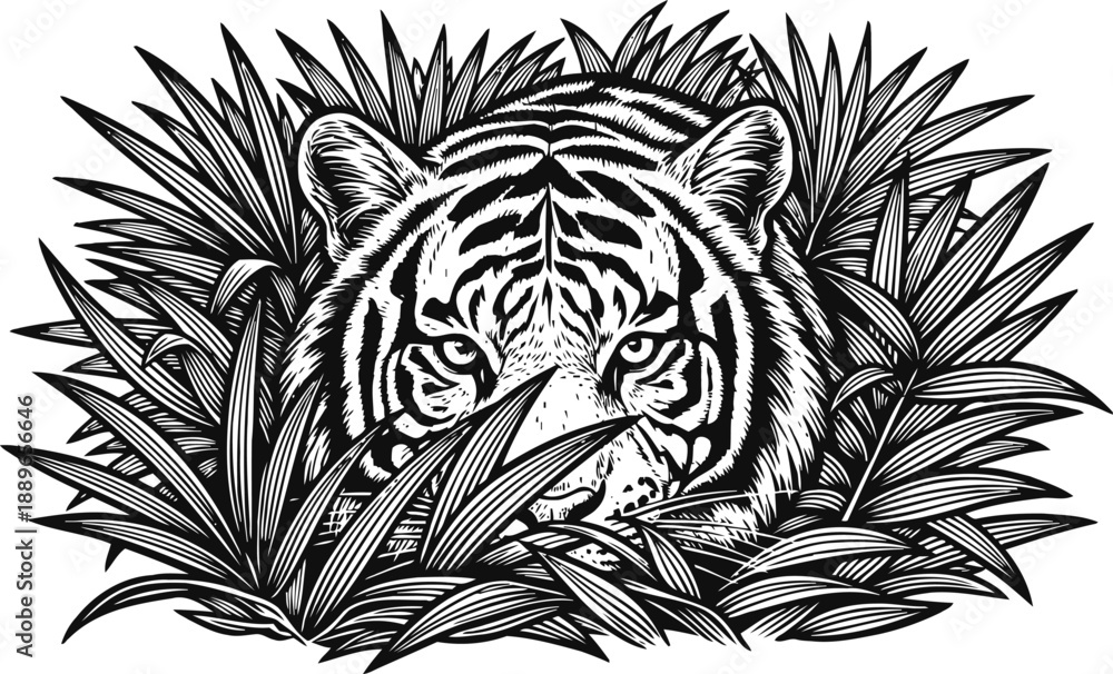 Fototapeta premium Tiger hiding in dense jungle grass detailed black and white illustration of wild animal eyes peeking through leaves