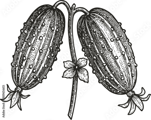 Vintage botanical illustration of cucumber fruits on the vine with leaves and flower