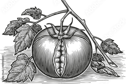 Vintage botanical illustration of ripe tomato fruit on vine with detailed leaves and seeds