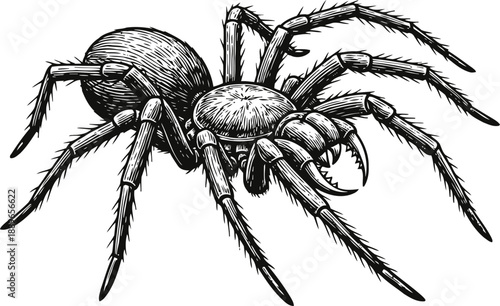 Detailed black and white illustration of a large spider with hairy legs and sharp pincers