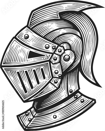 Medieval knight helmet with visor and plume vintage hand drawn armor illustration for history and protection concepts
