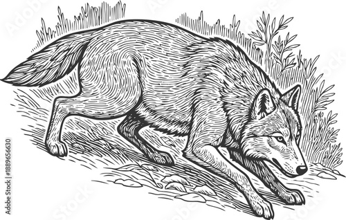Wild wolf crouching in hunting stance with detailed fur and nature background drawing