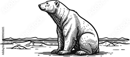 polar bear sitting on icy arctic landscape with snowy ground and distant icebergs