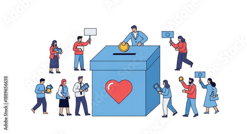 People Donate To Charity Box With Heart Symbol.