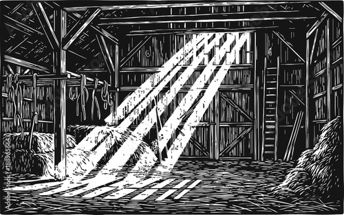 Sunlight beams streaming into rustic barn interior with wooden beams and hay bales