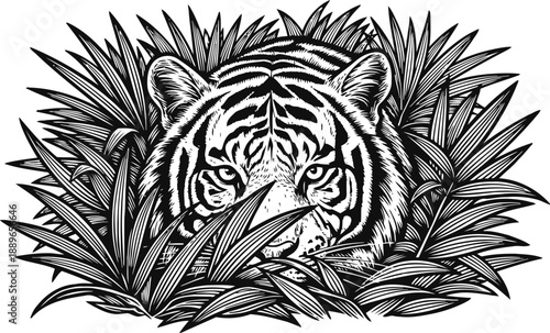 Tiger hiding in dense jungle grass detailed black and white illustration of wild animal eyes peeking through leaves