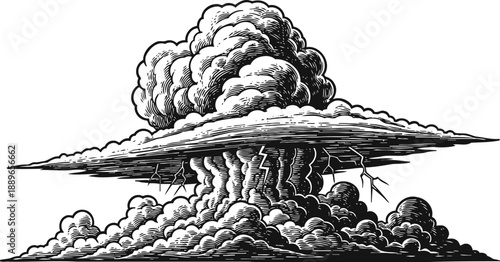 Nuclear explosion mushroom cloud with lightning strikes, powerful atomic bomb blast illustration