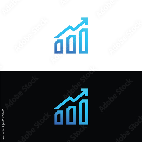 A contemporary blue gradient bar chart logo with an ascending arrow graphically illustrates progressive financial gains and successful market development.