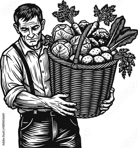 Farmer holding large basket filled with fresh vegetables including carrots, cabbage, cauliflower, and beets