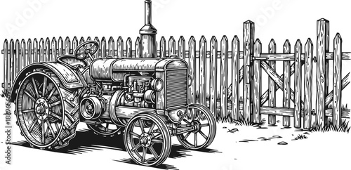vintage tractor parked near wooden fence and gate in countryside scene, detailed hand drawn illustration