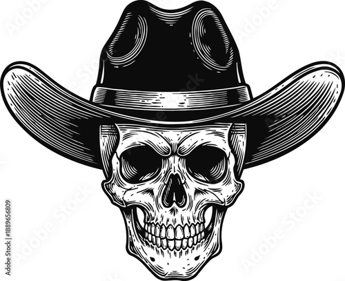 Skull wearing cowboy hat detailed monochrome western cowboy skull illustration with wide brimmed hat and intense expression