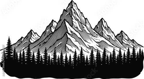 Mountain range silhouette with pine forest foreground in black and white vintage