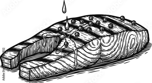 Grilled salmon steak illustration with seasoning and oil drizzle hand drawn fish fillet with spices and texture lines