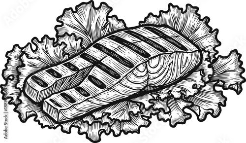 Grilled salmon steak on fresh lettuce leaves detailed black and white line art illustration
